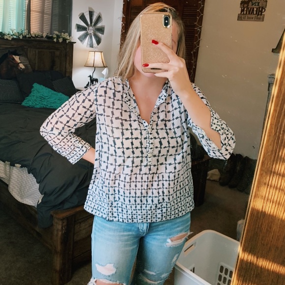 J. Crew Tops - J.Crew // White & Navy Blue Quarter Sleeve Blouse